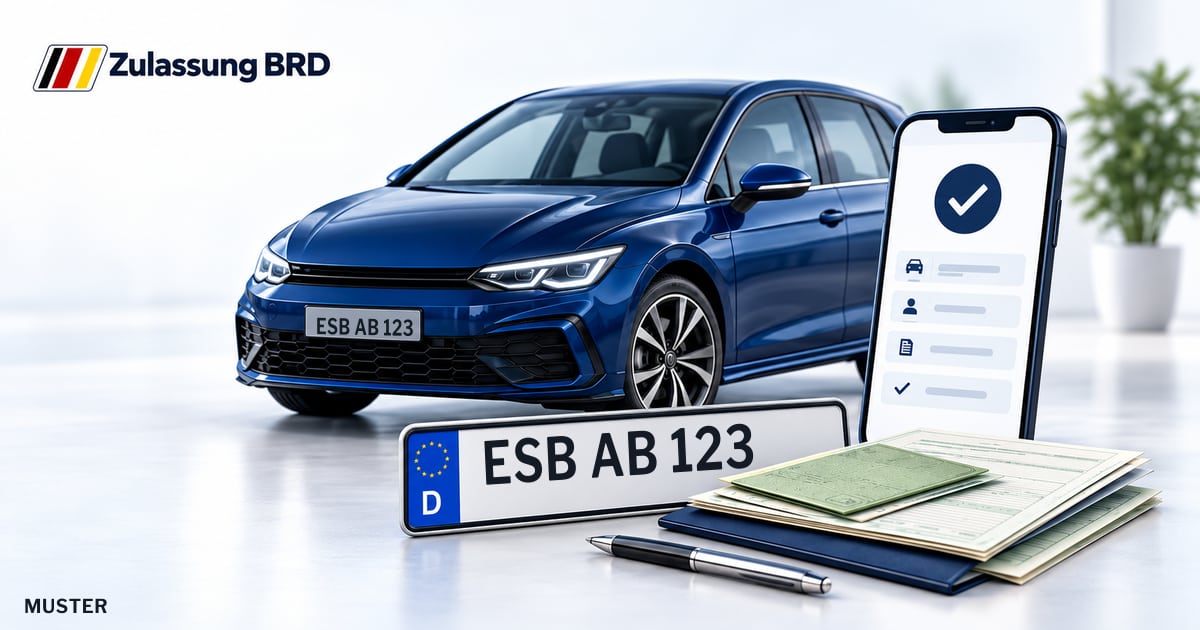Online Fahrzeugzulassung in Eschenbach i.d.Opf.: Musterkennzeichen ESB AB 123, Auto und Fahrzeugpapiere und Smartphone. Illustration mit Logo von Zulassung BRD.